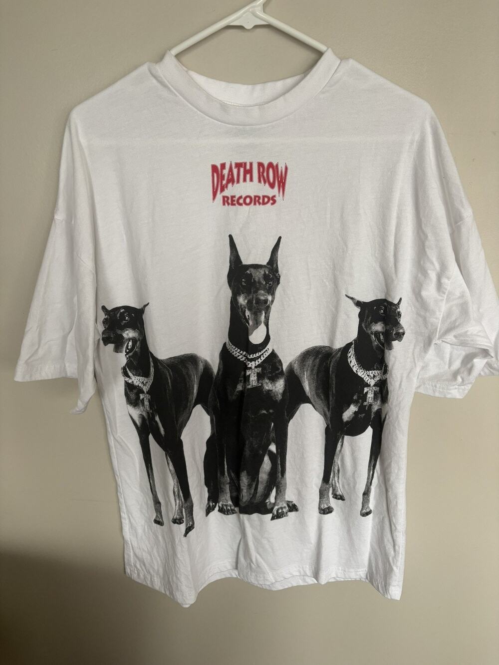 Death Row Records Mens Medium White Doberman Trio Graphic Cotton Blend T-Shirt